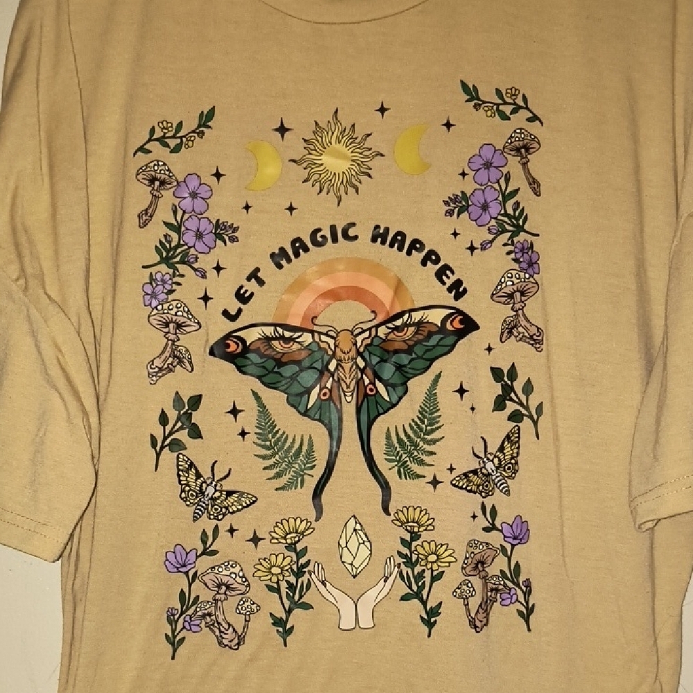 ROMWE Beige Graphic Tee with Butterfly and Floral Design